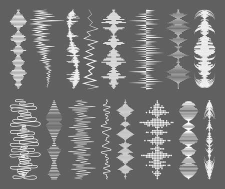 White sound waves collection with audio symbols on gray background. Modern music equalizer elements set. Vector flat isolated waveform technology illustration.のイラスト素材