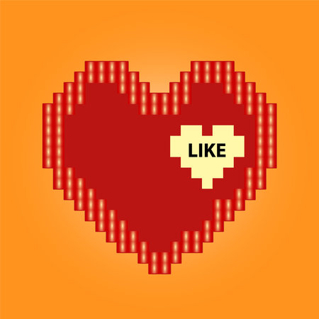 Red heart icon in pixel style. Isolated love sign on orange background. Vector illustrationのイラスト素材