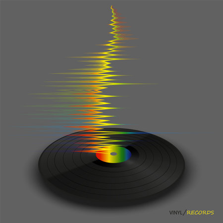 Poster of vinyl player record with rainbow wave. Trendy colorful line style music on gray background. Modern banner with vinyl music. Vector illustration.のイラスト素材