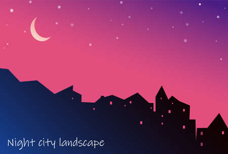 Night cityscape houses silhouette with moon and stars on purple background. Vector illustration of cityscape.のイラスト素材
