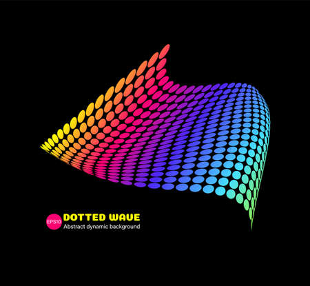 Colorful dotted dynamic wave on black background. Bright abstract banner in digital style. Vector illustration for website, network design with color flow particleのイラスト素材