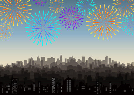 Festive landscape with bright fireworks. Firecrackers over town silhouette jpeg illustration. Urban city skyline, saluteの写真素材