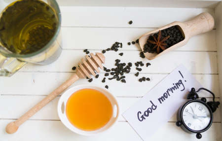 Cup of tea with honey and spicesの写真素材