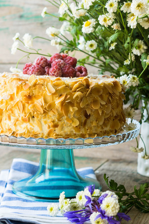 Delicious almond cake on tableの写真素材