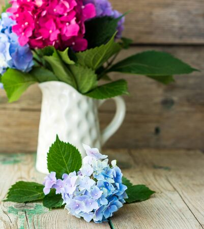 Pastel color hydrangea flowers on wooden tableの写真素材