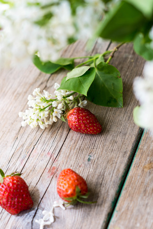 Fresh strawberries and white lilac flowers on the old wooden tableの写真素材