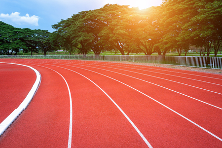 White lines of stadium and texture of running racetrack red rubber racetracks in outdoor stadium are 8 track and green grass fieldの写真素材