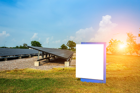 Blank billboard white ready for Solar panel on blue sky background, Alternative energy concept,Clean energy,Green energy.の写真素材