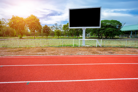 Digital blank scoreboard at football stadium with running track in sport stadium in outdoor ,Advertising Billboard LED, Empty black screen digital.の写真素材