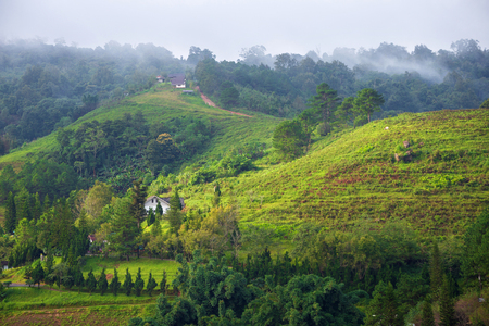 Beautiful morning sunrise view on little mountainous village and the mist are beauty on view point at Phuhinrongkla National Park Nakhon Thai District in Phitsanulok, Thailandの写真素材