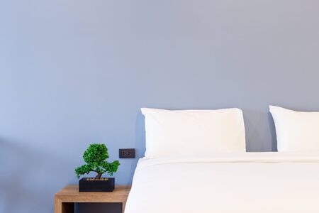 Close-up of white pillow on bed decoration with green tree in flowerpots in hotel bedroom interior.の写真素材