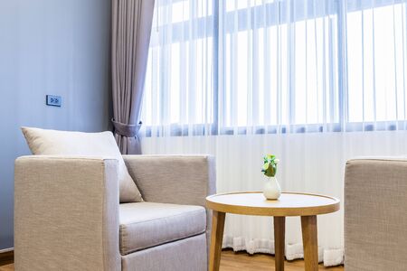 Close-up of sofa in hotel bedroom interior.の写真素材