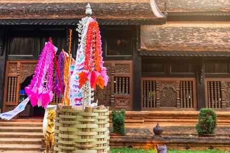 Prayer flags tung Hang or Northern traditional flag hang on sand pagoda in the Wat Lok Molee temple for Songkran Festival is celebrated in a traditional New Year's Day in Chiang Mai, Thailandの写真素材