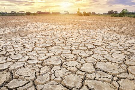 Brown dry soil or cracked ground texture on blue sky background with white clouds sunset.の写真素材