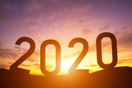 Happy New Year 2020, Silhouette the hill early morning sunrise over the horizon background, Happy new year concept.の写真素材