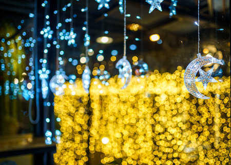 Christmas decoration lights in the crescent moon and shape of a star for with rope on Bokeh background Decoration During Christmas and New Year.の写真素材