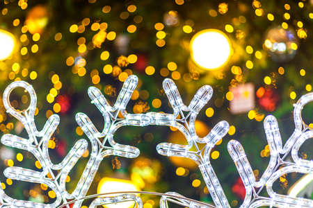 Close up of Colorful balls on Green Christmas tree background Decoration During Christmas and New Year.の写真素材