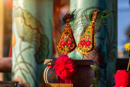 Red candles and burning incense sticks Paper gold with the Chinese alphabet Blessings written on it Is a Fortune blessing compliment for pay respect to god in Chinese New Year day at a Chinese shrineの写真素材