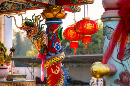 red lantern decoration for Chinese New Year Festival at Chinese shrine Ancient chinese art with the Chinese alphabet Blessings written on it Is a Fortune blessing compliment,Is a public place Thailandの写真素材