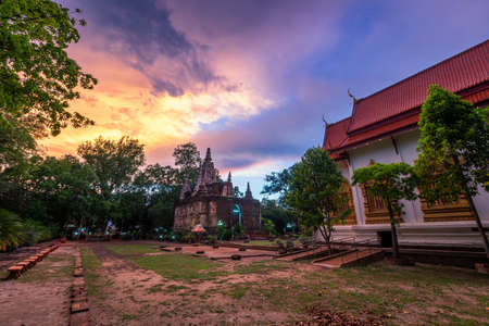 Wat Chet Yot, seven pagoda temple It is a major tourist attraction in Chiang Mai, Thailand.with evening,Temple in Chiang Mai.の写真素材