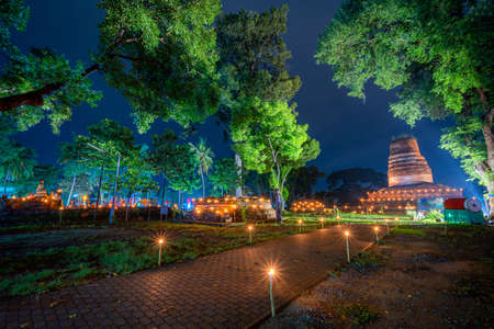 Beautiful scene light color The Loy Krathong festival 2020 at Pagoda in the Wat Aranyik is a...