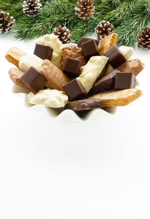 A large variety of Aachener Printen (German gingerbread speciality) and Dominosteine arranged on a white porcelain plate with fir tree twigs and pine cones on white background.の写真素材