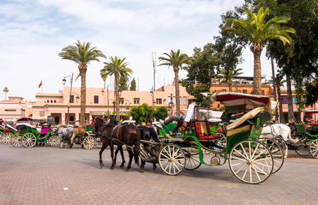 Marrakech, Morocco - May 04, 2017: A coachman is relaxing on his horse-drawn carriage on the Jemaa el-Fnaa square in Marrakech while waiting for tourists to take a ride.のeditorial素材