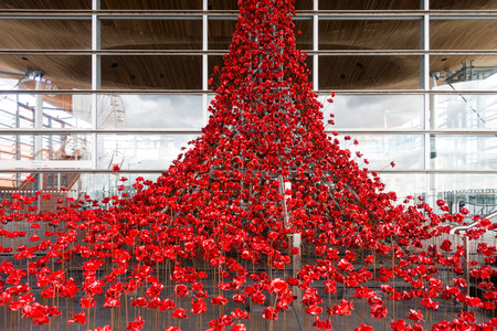 Cardiff, Wales, United Kingdom - September 15, 2017: Weeping Window, a cascade of several thousand handmade Poppies pouring from a window of the Welsh Assembly Building in Cardiff Bay, Cardiff.のeditorial素材