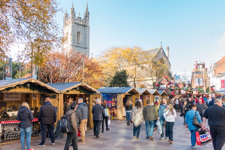 Cardiff, Wales, United Kingdom - November 19, 2017: People are visiting the Christmas Market in Cardiff City Centre on a sunny day in November 2017.のeditorial素材