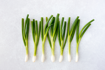 Closeup of seven spring onions with water drops in a row on a trendy light grey patterned...