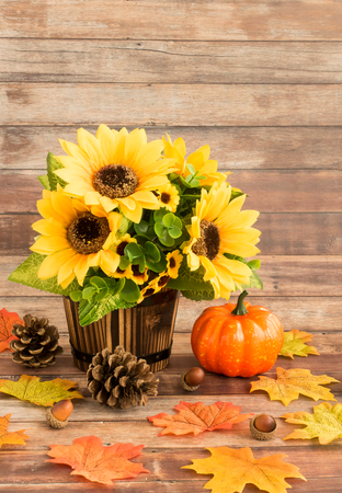 Autumn still life with sunflower bouquet in wooden plant pot, pumpkin, leaves, pine cones, and acorns on rustic brown wood panel background.の写真素材