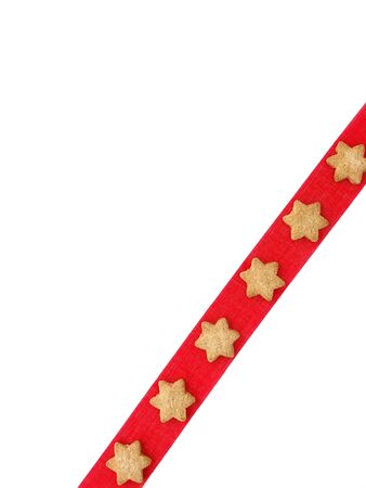 Christmas cookies on red ribbon as Christmas background. Top view.の写真素材
