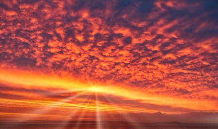 Spectacular sunrise sky in strong, bright yellow, orange and red colors with sun and sunrays. Sky...