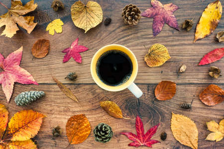 Autumn background with autumn leaves on dark oak wood with mug of black coffee. Top view. Flatlay.の写真素材