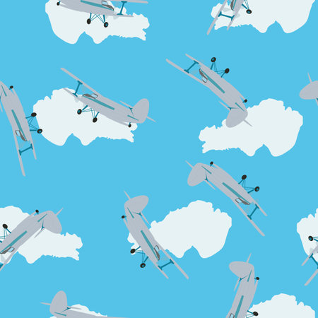 Seamless pattern retro white plane flying on blue background. Airplane fly kids print, vintage motif fabric textile cloth or baby boys wall paper, vector repeat design eps 10のイラスト素材