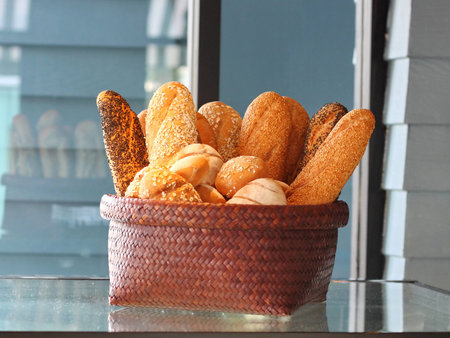 A basket of assorted bread.
