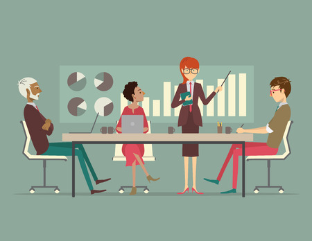 A group of coworkers gathered around a conference table listening to a presentation from a business man.のイラスト素材