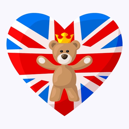 Teddy Bear with crown and heart with British flag on the background  on occasion of the birth of the royal heir in the summer of 2013  のイラスト素材