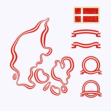 Outline map of Denmark  Border is marked with a ribbon in the national colors  The package contains a stamp with flag and frames  The file is made with no transparencies and gradients のイラスト素材