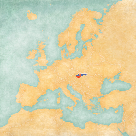 Slovakia (Slovak flag) on the map of Europe. The Map is in vintage summer style and sunny mood. The map has a soft grunge and vintage atmosphere, which acts as watercolor painting on old paper.の写真素材