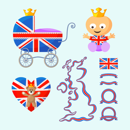 Set with English royal baby, baby carriage, teddy bear, heart, map, flag and ribbons in the colors of the United Kingdom.のイラスト素材