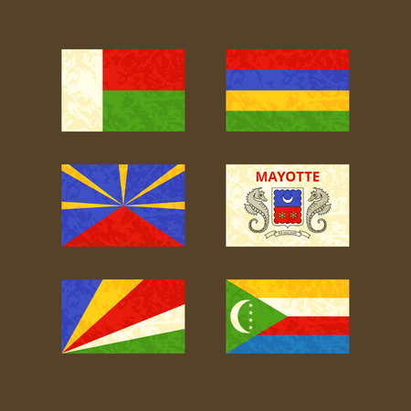Flags of Madagascar, Reunion, Seychelles, Mauritius, Mayotte and Comoros. Flags with light grunge dirty effect.のイラスト素材