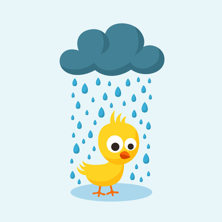 Sad yellow chick in the rain in flat design style. Illustration for Friday the 13th or bad day.のイラスト素材