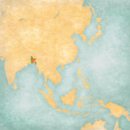 Bangladesh (Bangladeshi flag) on the map of East and Southeast Asia in soft grunge and vintage style, like old paper with watercolor painting.の写真素材