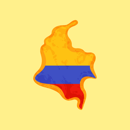 Map of Colombia colored with Colombian flag and marked with golden line in grunge vintage style.のイラスト素材