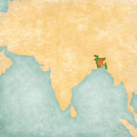 Bangladesh (Bangladeshi flag) on the map of South Asia in soft grunge and vintage style, like old paper with watercolor painting.の写真素材
