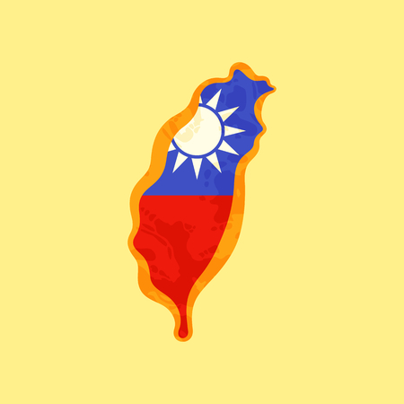 Map of Taiwan colored with Taiwanese flag and marked with golden line in grunge vintage style.のイラスト素材