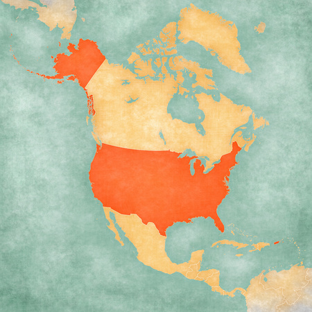 United States on the map of North America in soft grunge and vintage style, like old paper with watercolor painting.の写真素材