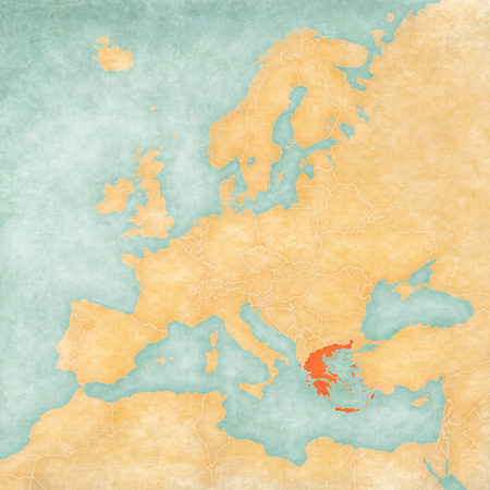 Greece on the map of Europe in soft grunge and vintage style, like old paper with watercolor painting.の写真素材