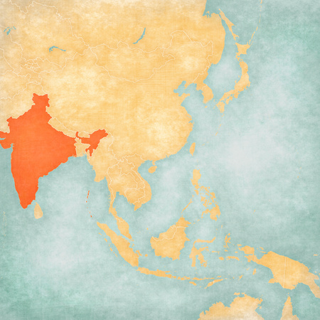 India on the map of East and Southeast Asia in soft grunge and vintage style, like old paper with watercolor painting. の写真素材